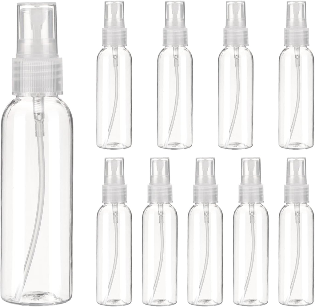 uxcell 10Pack Spray Bottles, 2Oz/60ML Reusable Clear Empty Mist Plastic Mini Travel Bottle Set,Small Refillable Liquid Containers for Household Use, Essential Oil, Cleaning (Transparent)