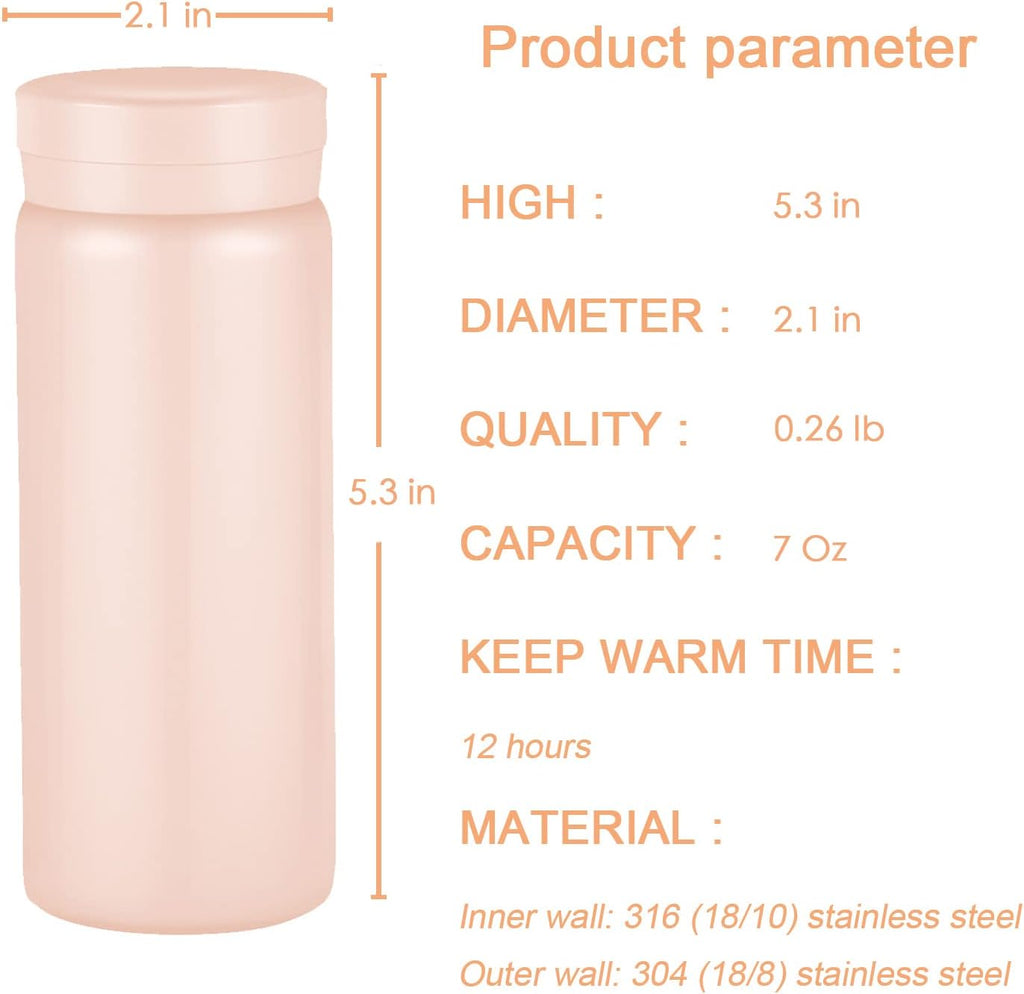 Mini Thermos Cute Water Bottle - 7 oz Tiny Insulated Vacuum 18/10 Stainless Steel Small Flask - Leak Proof & Spill Proof & Keeps Cold and Hot for Drink, Coffee, Tea - Pink