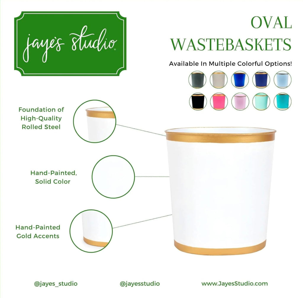 Jaye’s Studio Mattie Oval Wastebasket – Handpainted Pink Trash Can For Bathroom Office, Vanity, or Bedroom Trash Bin, Metal Trash Can Gold Trim, Pink Waste Basket & Garbage Can for Gold Bathroom Decor