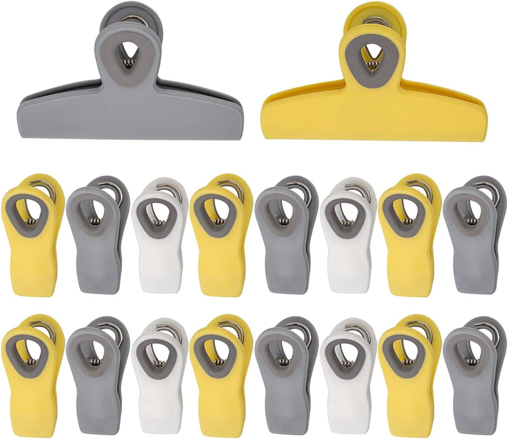 COOK WITH COLOR Bag Clips - Heavy Duty Chip Clip & Refrigerator Magnet for Food Storage with Air Tight Seal Grip, Yellow & Grey, 2 Large & 16 Small