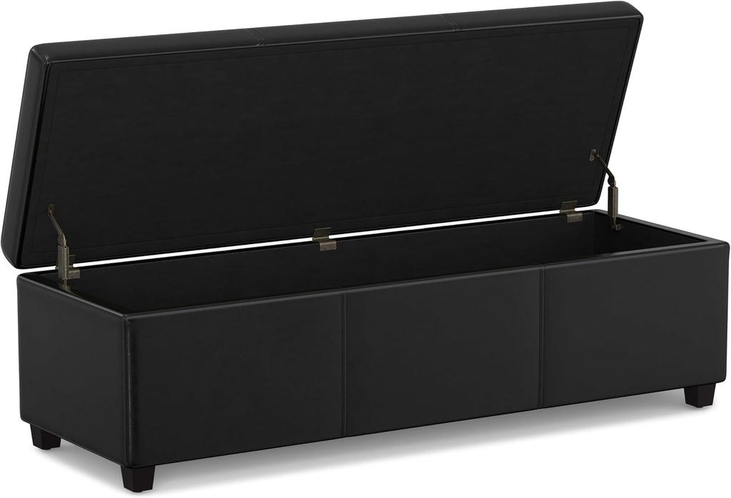 SIMPLIHOME Avalon 54 inch Wide Contemporary Rectangle Extra Large Storage Ottoman Bench in Midnight Black Vegan Faux Leather, Assembled, For the Living Room, Entryway and Family Room