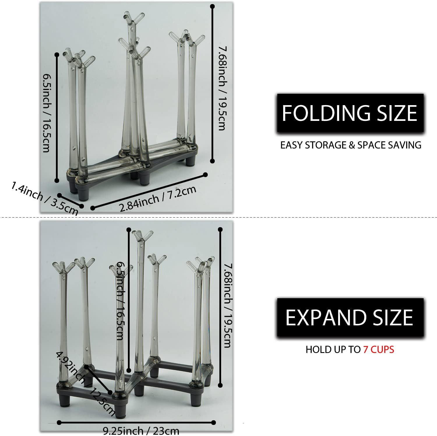 2 Pcs Cup Drying Racks Set, Retractable Drinking Glass & Baby Bottle Drainer Stand, PP Material Mug Draining Organizer, Kitchen Countertop Dishes Holder, Gray