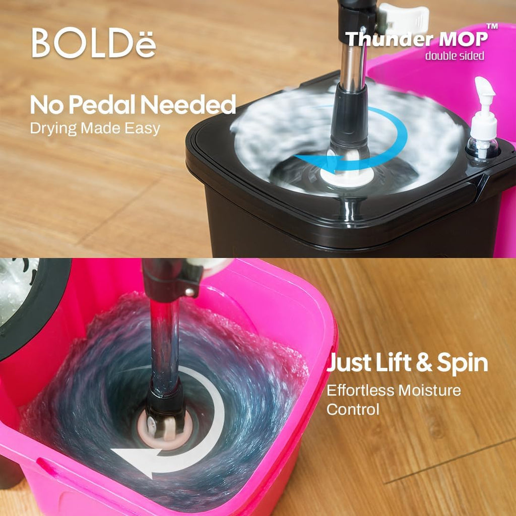 Thunder Mop Spin System - 2 Compact Stackable 6L Buckets, Microfiber Head, Stainless Steel Wringer, Antifungal Quick-Dry Cleaning, Soap Dispenser, 3 Free Refills (Black/Grey)