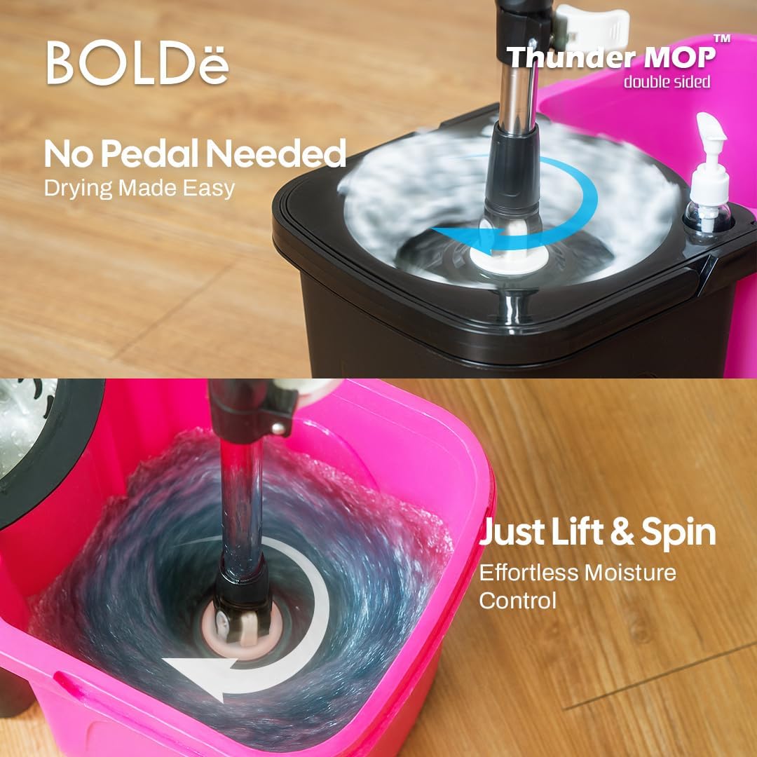 Thunder Mop Spin System - 2 Compact Stackable 6L Buckets, Microfiber Head, Stainless Steel Wringer, Antifungal Quick-Dry Cleaning, Soap Dispenser, 3 Free Refills (Black/Grey)