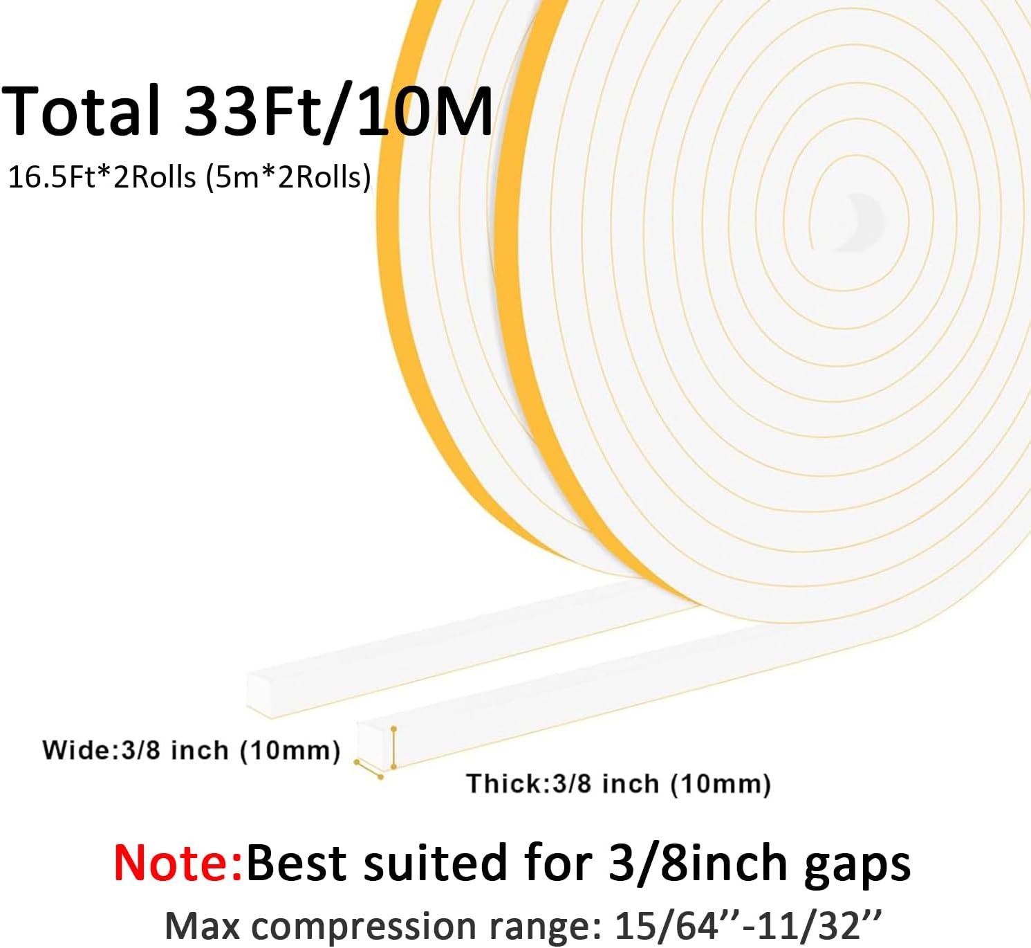 Door Weather Stripping for Doors and Window, Window Insulation Door Seal Tape, Self Adhesive Foam Gasket Tape, Foam Seal Strip Sliding Door Weather Strip, Energy-saving(3/8 in x 3/8 in x 33Ft)