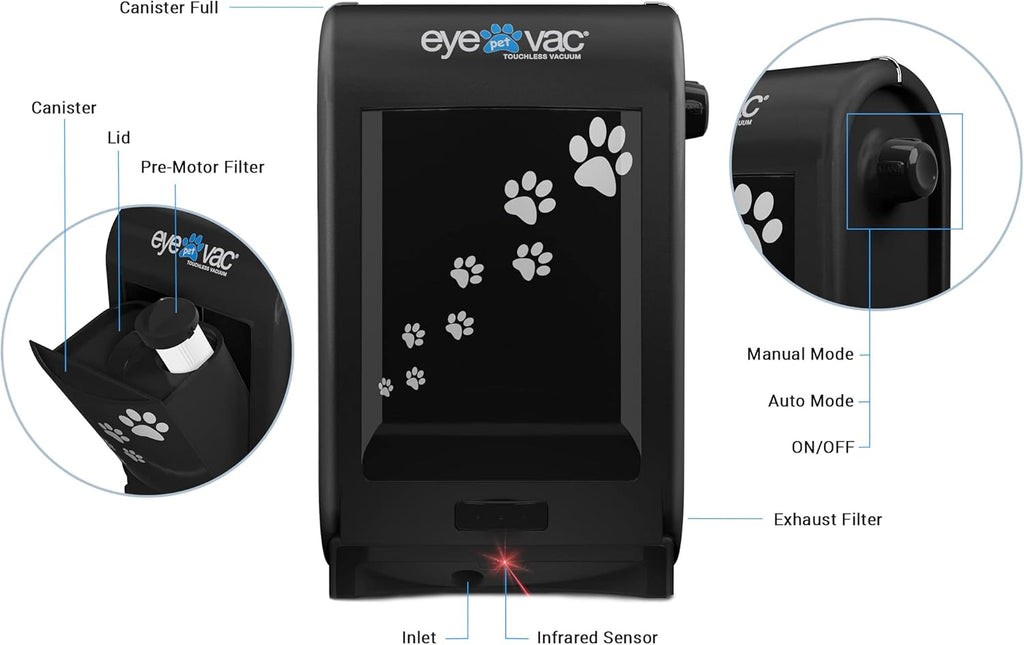 EyeVac Pet Touchless Vacuum Automatic Dustpan - Ultra Fast & Powerful - Great for Sweeping Cat Dog Pet Hair Food Dirt Kitchen, Corded Canister Vacuum, Bagless, Automatic Sensors, 1400 Watt (Black)