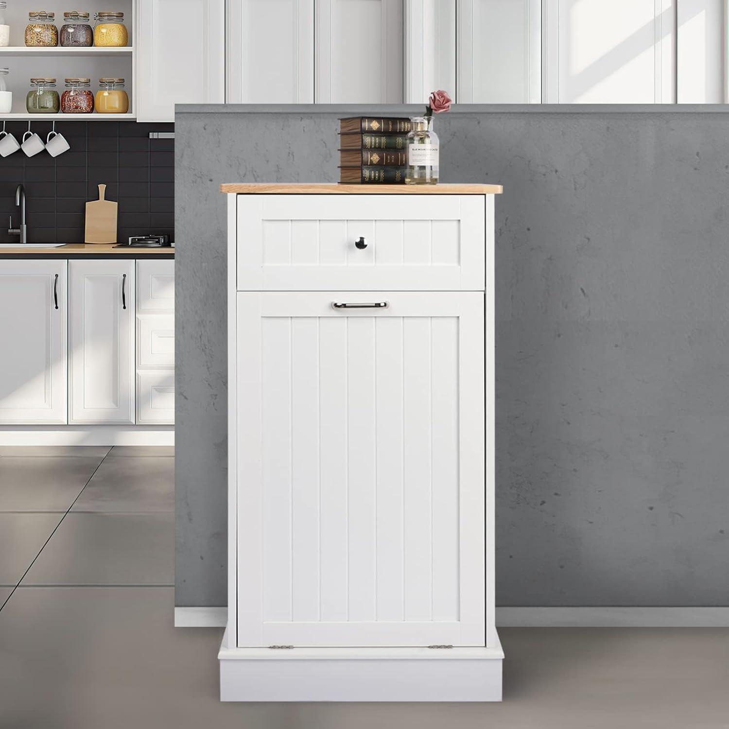 Betterhood Tilt Out Trash Cabinet 10 Gallon Wooden Free Standing Laundry Sorter Cabine,Recycling Cabine with Hideaway Drawer,Tilt Out Trash Cabinet Can Bin Kitchen