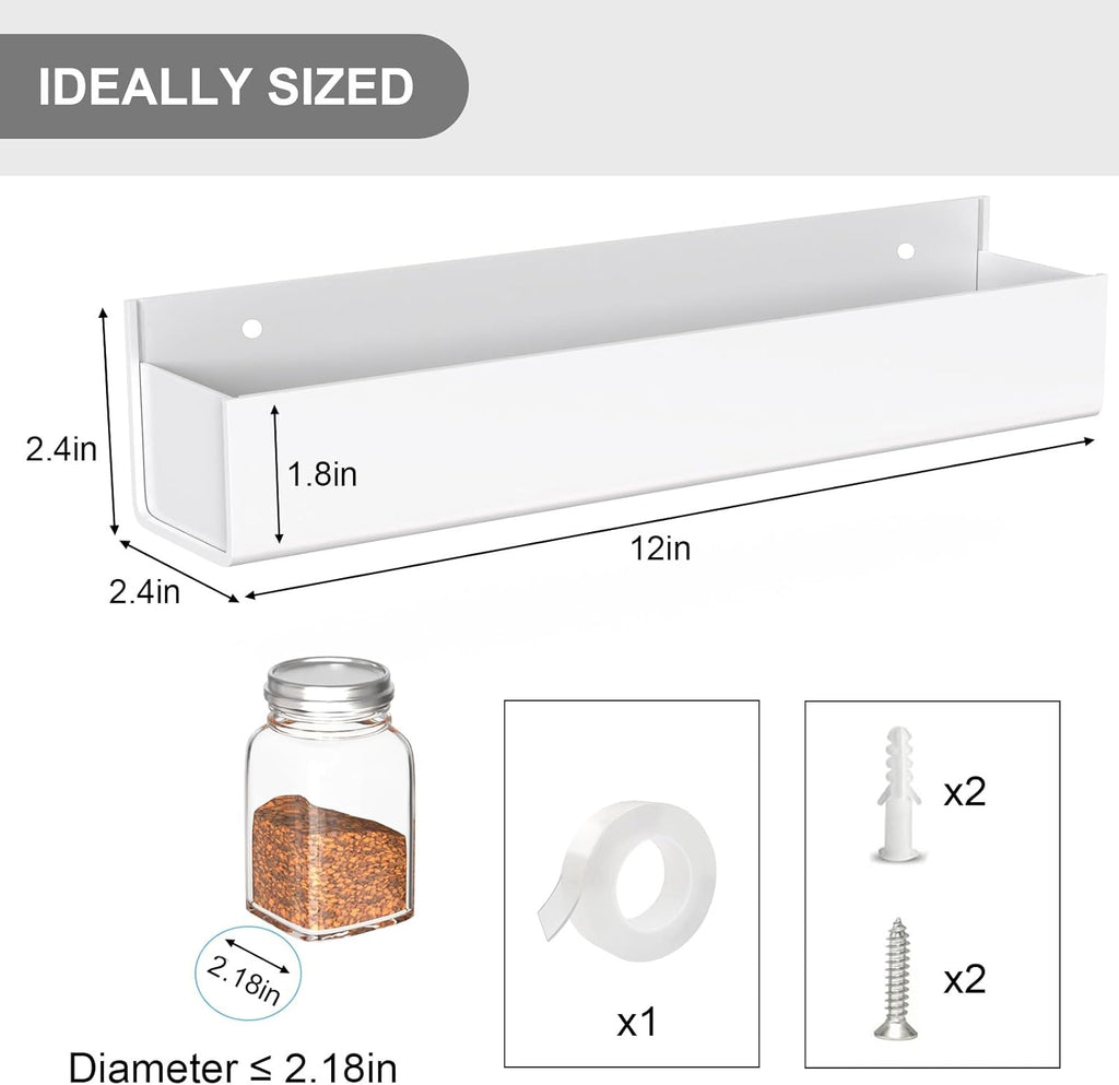 PMMASTO Adhesive Acrylic Spice Rack Organizer for Wall with Nano Double Sided Tape, Spice Shelf Organization for Kitchen Cabinet Door/Pantry Door, Wall Mount Seasoning Rack (White - 4 Pack)