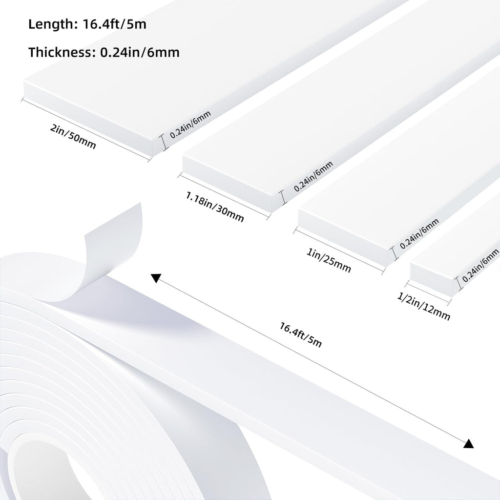 Weather Stripping Door Seal White,1Inch Wide X 1/4 Inch Thick,Air Conditioner Window Seal,Self Adhesive Foam Tape High Density Foam Sealing Strip,Door Soundproof Foam Tape Roll,2 Rolls Total 32.8Ft