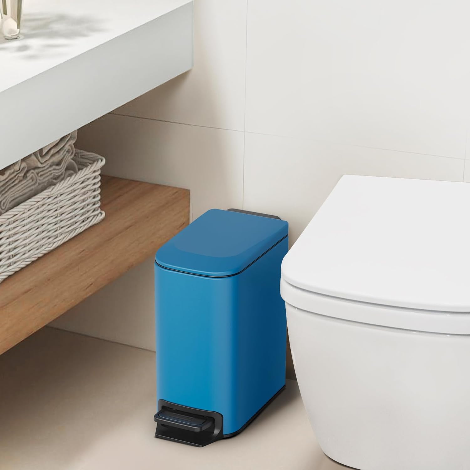Cesun Small Bathroom Trash Can with Lid Soft Close, Step Pedal, 6 Liter / 1.6 Gallon Stainless Steel Garbage Can with Removable Inner Bucket, Anti-Fingerprint Finish (Blue)