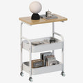 Rolling Cart with Wooden Tabletop 3-Tier Metal Utility Rolling Cart Storage Organizer with Lockable Wheels for Kitchen, Office, Bedroom