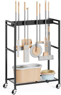 BORISI Broom And Mop Holder, Movable Broom Closet Storage Cabinet, Cleaning Cart with Mop Hanger Gripper Rack, Janitorial Cart, Utility Carts, Laundry Room Organization Home Essentials