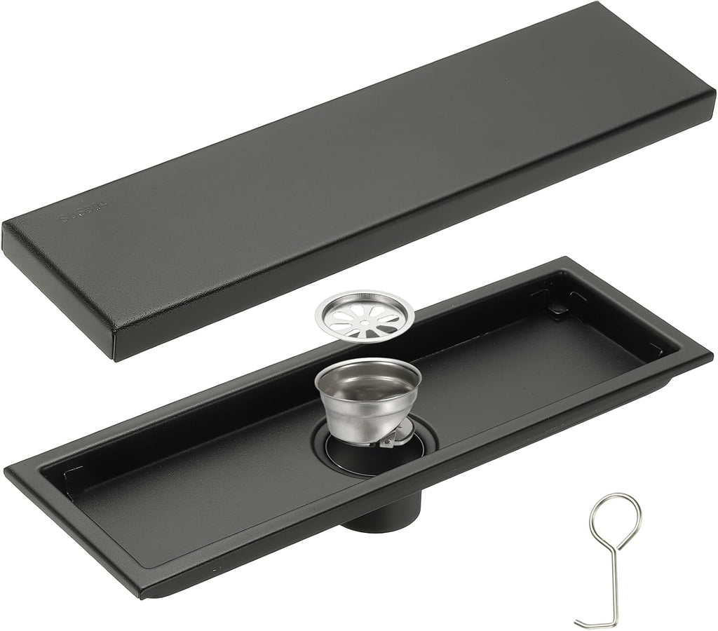 uxcell Rectangular Shower Drain, Brushed 304 Stainless Steel Odor-Proof Floor Drain Linear Shower Drain Hair Catcher for Bathroom Kitchen and Laundry Room(12 Inch, Black)