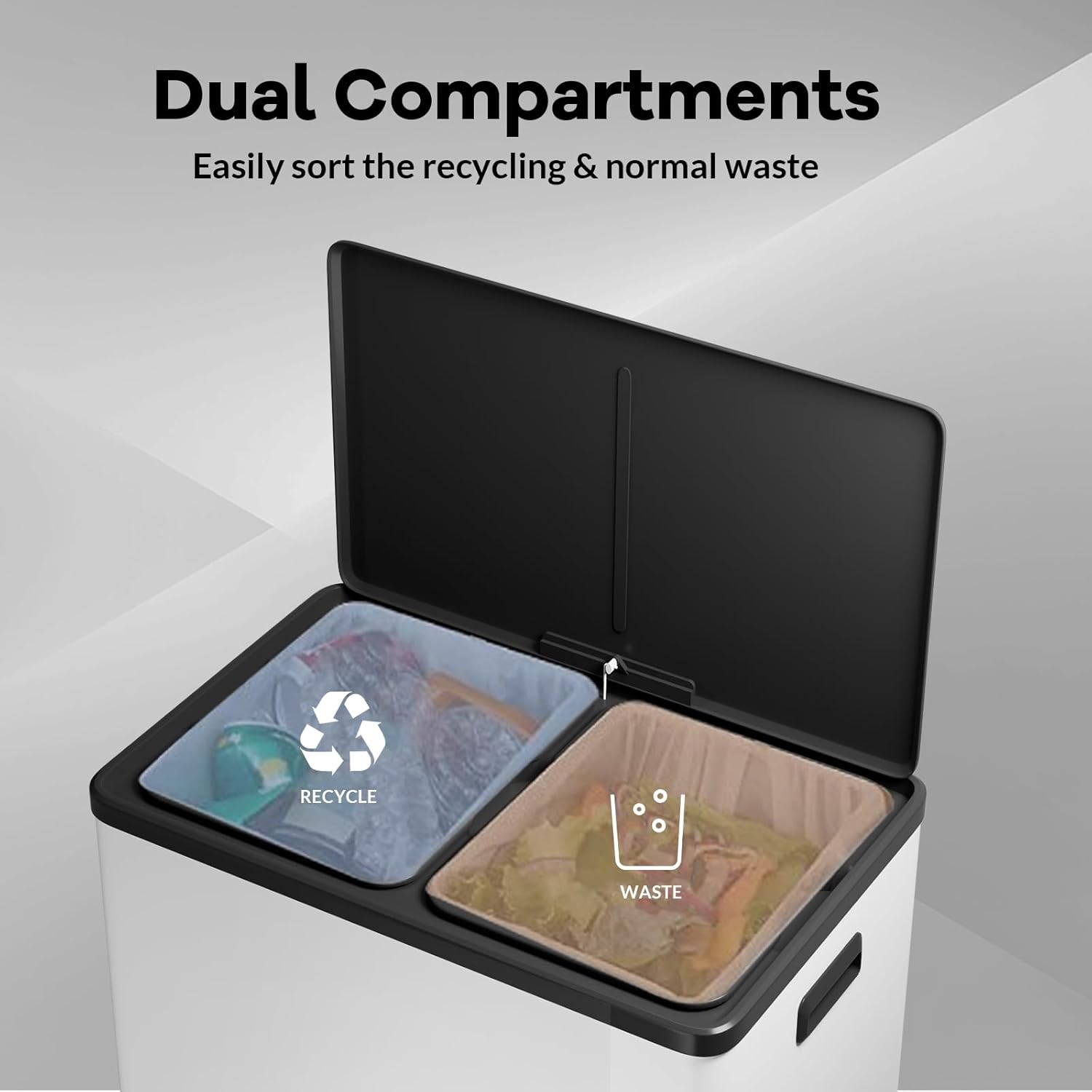 GarveeHome Step Dual Trash Can, 60L/16 Gallon Recycle Bins with Lid, 2 Removable Wastebusket, Step Pedal, Large Stainless Steel Double Trash Bin for Kitchen, Bathroom