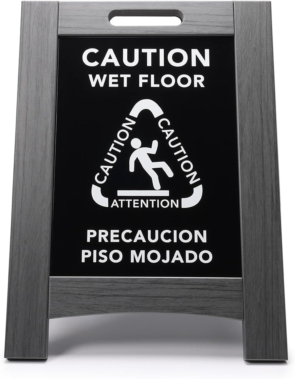 Premium Outdoor Composite Caution Wet Floor Sign – Bilingual w/Non-Skid Plastic Feet, Black Plate – For Hotels, Schools, Offices, Areas, Restrooms, Pool Decks & Shops, Grey