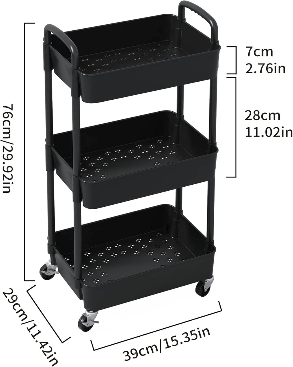 Sywhitta 3-Tier Plastic Rolling Utility Cart with Handle, Multi-Functional Storage Trolley for Office, Living Room, Kitchen, Movable Storage Organizer with Wheels, Black
