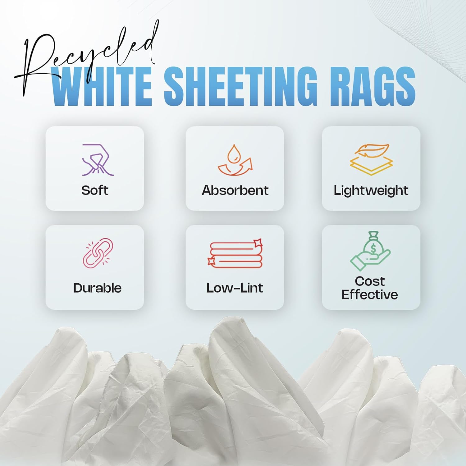Recycled White Sheeting Cleaning Rags (600 lbs. Pallet 12x50 lbs. Box) – Lint Free White Cotton Cloths for Manufacturing | Automotive | Janitorial | Shop Rags Bulk - Multipurpose