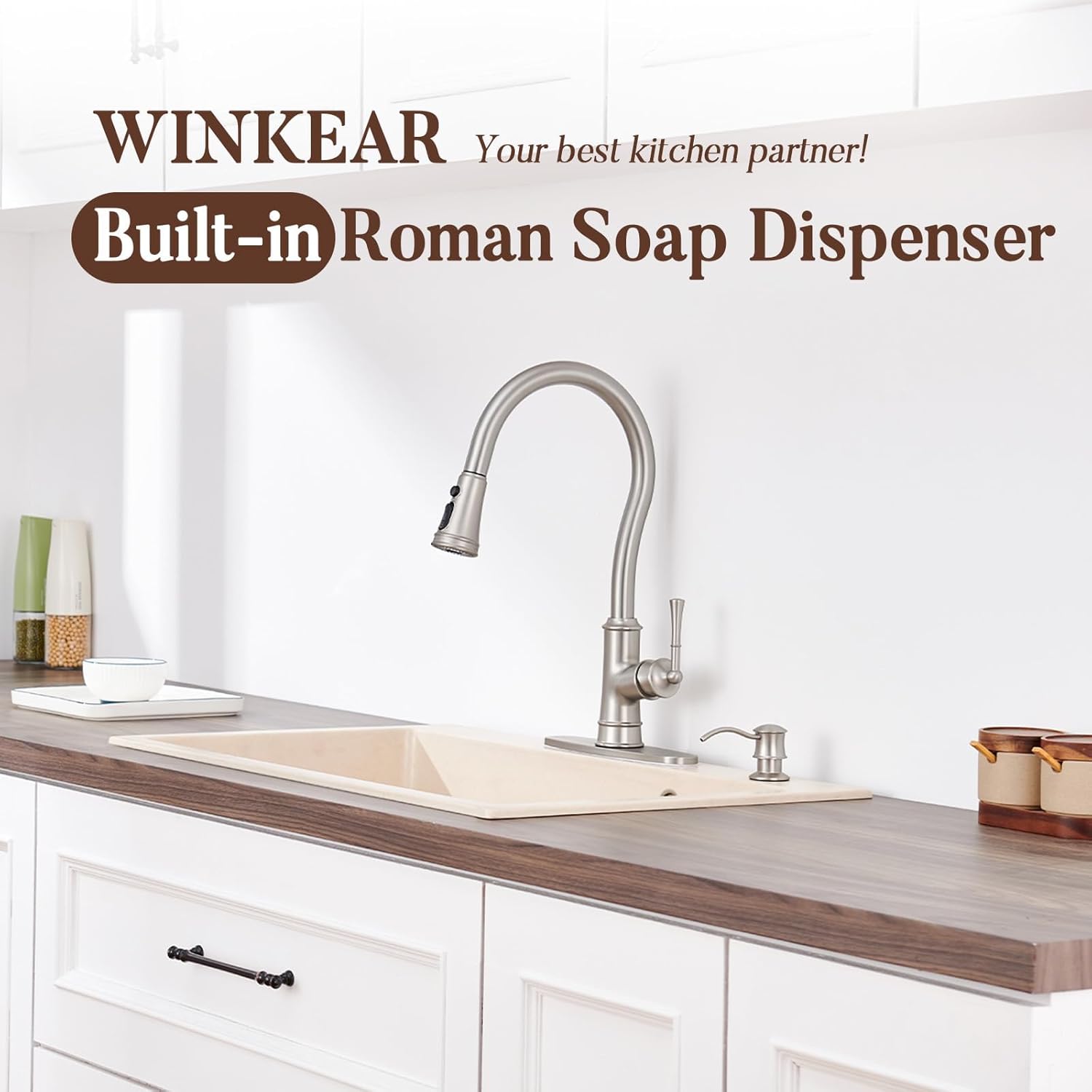 Built in Soap Dispenser for Kitchen Sink Countertop, Solid Brass Pump Head Long Spout with 10.2 Ounce PET Food Safe Material Lotion Bottle, Brushed Nickel Finish