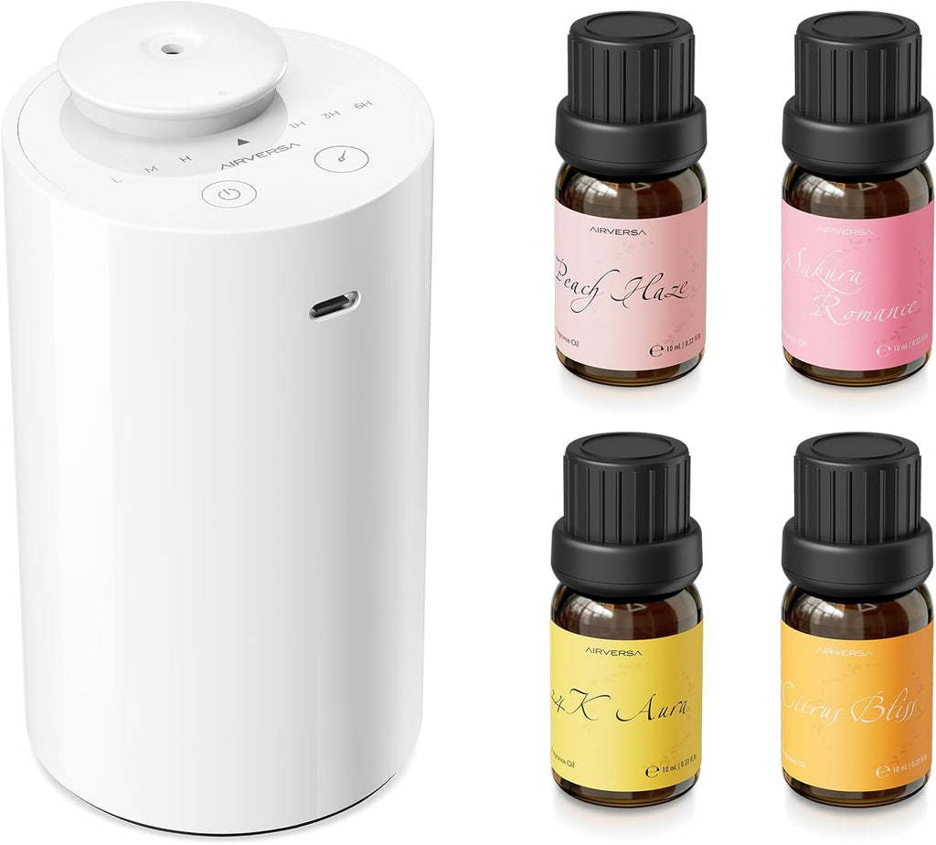 Airversa Waterless Essential Oil Diffuser Starter Kit with 4 x 10mL Fragrance Scent Oil, Battery Operated Mini Scent Air Machine Portable Diffuser for Home Car Office, AN6 White Kit01