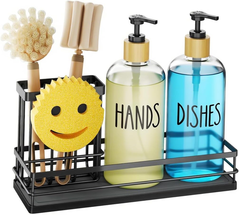 Moforoco Kitchen Dish Soap Dispenser Set, 16OZ Glass Bottle, Hand and Dish Soap Dispenser Set, Instant Dry Tray, Non-Slip Silicone Pad, Brush Holder with Sponge Holder, Kitchen Decor（Clear Bottle）