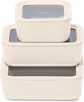 Caraway 3pc Glass Food Storage Set – 10 Cup, 6.6 Cup, & 4.4 Cup Food Containers - Ceramic Coated - Non Toxic Non Stick Lunch Box with Glass Lids - Dishwasher, Oven, & Microwave Safe - Cream