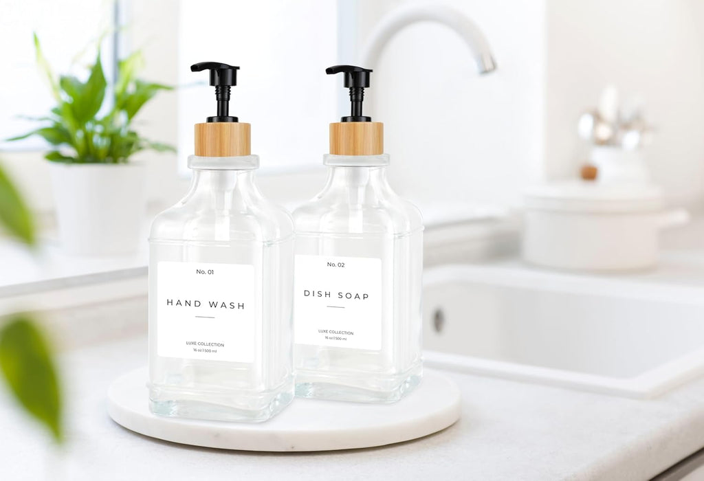Emerson Essentials Soap Dispenser, Dish Soap Dispenser, Soap Bottle Bathroom Set, Farmhouse, Kitchen Soap Dispenser Set Stainless Steel - Glass Soap Dispenser with Pump and Labels, 16 Oz, 2 Pack