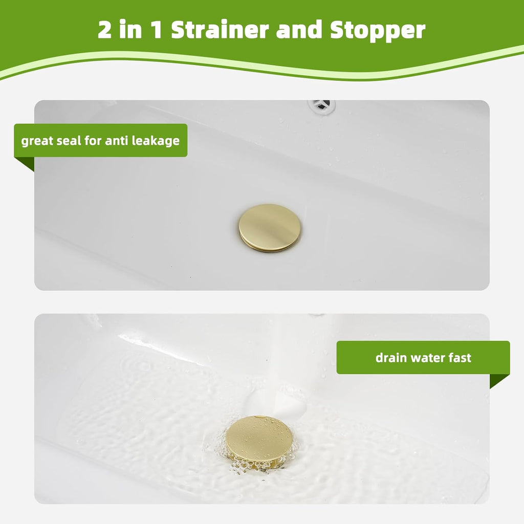 Universal Bathroom Sink Drain Strainer Hair Catcher Upgraded with Removable Stainless Steel Filter Basket, 2 in 1 Pop Up Sink Stopper for 1.1''~2.36'' Sink Basin Hole, Big Cover Cap, Brushed Gold