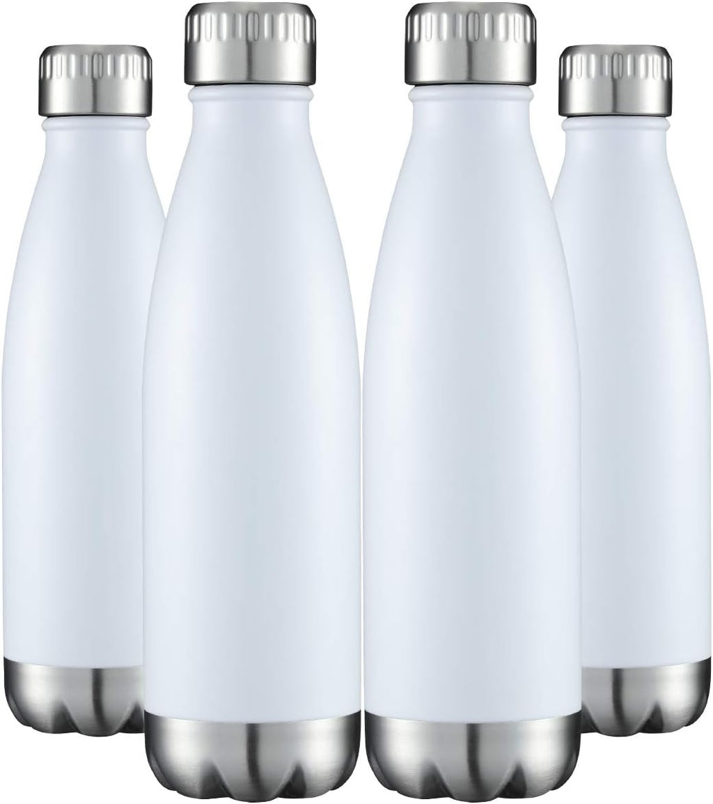 HASLE OUTFITTERS 17oz Stainless Steel Water Bottles Bulk, Vacuum Insulated Water Bottles Double Walled Powder Coated Reusable Metal Sports Water Bottles Keep Drinks Hot and Cold, White, 4Packs