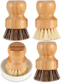 Bamboo Scrub Brush Clean Pan, Dish and Vegetable, Natural Bristles Palm Pot Brush 4 Pack Round Mini Dish Brush with Ceramic Holder for Kitchen Sink Cleaning