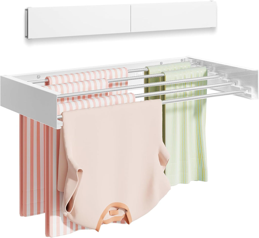 Foldable Wall Mounted Clothes Drying Rack - 32", Collapsible Laundry Drying Rack for Clothing & Towels - Includes Wall Template