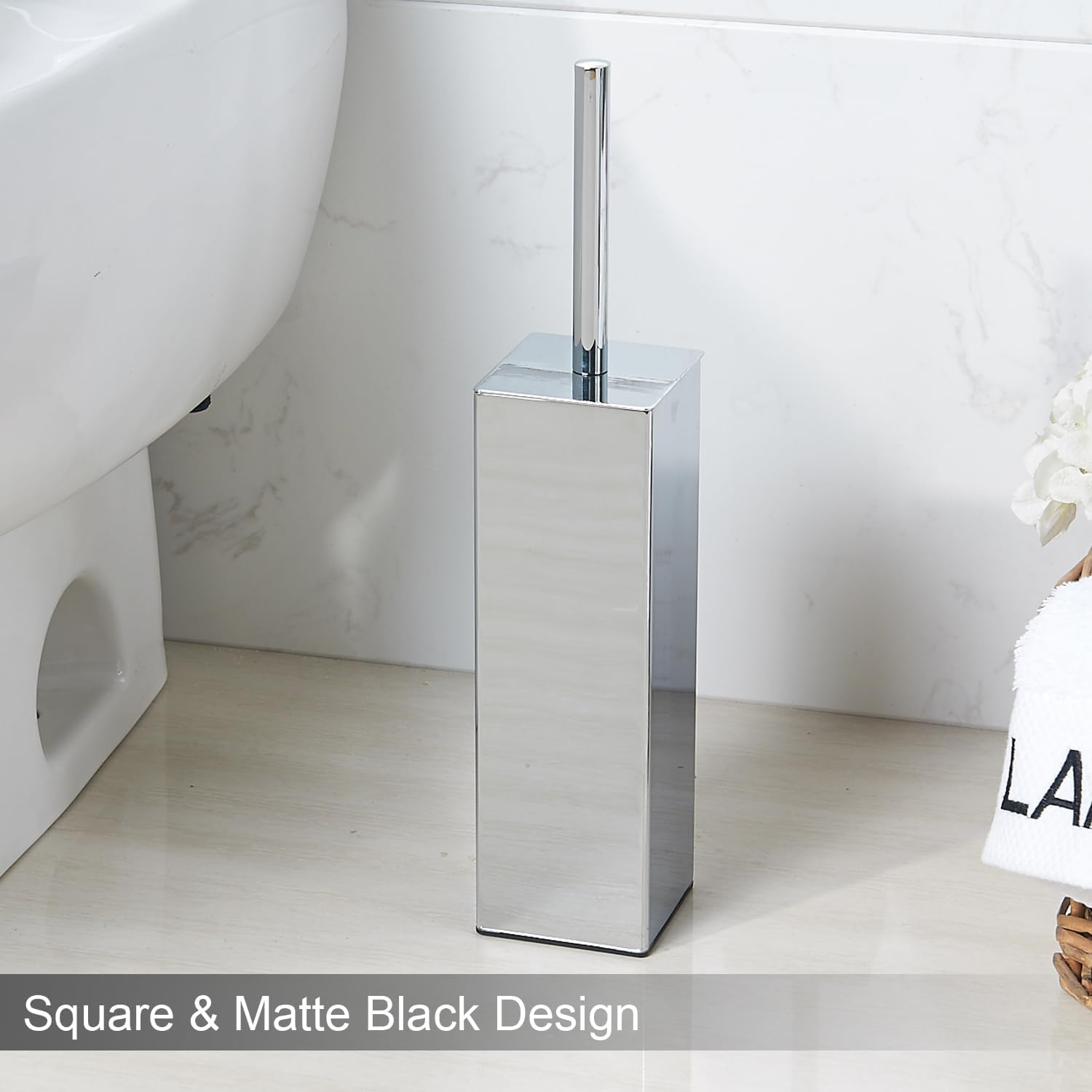 Chrome Square Stainless Steel Toilet Brush with Holder, 304 Modern Toilet Brush Set – Rust Resistant, Long Handle, Replacement Heads, Floor Standing Bathroom Toilet Cleaning Brush