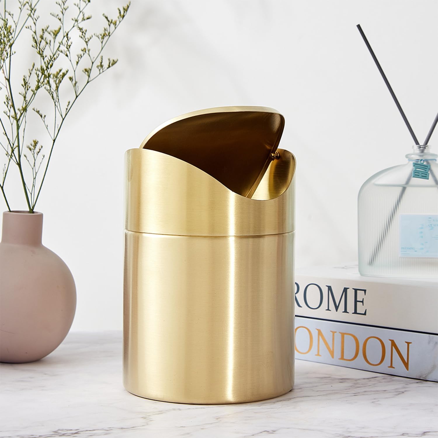 Stainless Steel Trash Can with Swing Lid, Mini Countertop Trash Bin Bathroom, Golden Desktop Garbage Cans Tiny Kitchen Waste Bins with Trash Bag