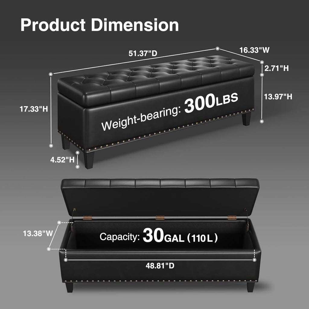 Storage Ottoman Bench, 51-Inch Large Storage Bench for Bedroom End of Bed, 30 Gallons Faux Leather Bench with Storage for Bedroom, Living Room, Entryway, Hallway, Black