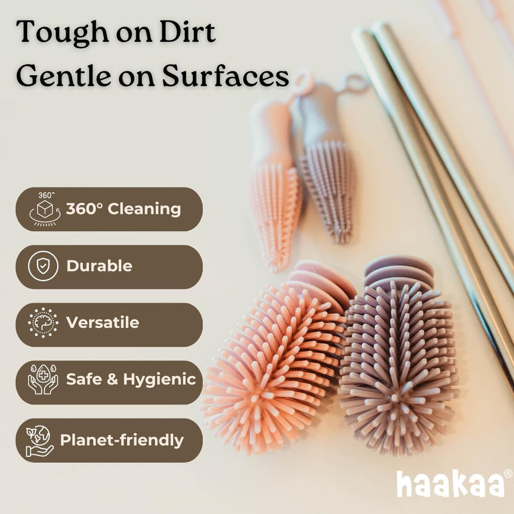 Haakaa Silicone Cleaning Brush Kit – Household Cleaning Brushes for Bottles and Crevices – Food-Grade Silicone: Dishwasher Safe (Kit-Grey)
