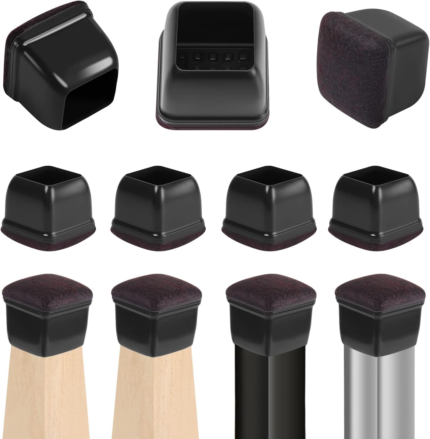 Ezprotekt 24 Pcs Black Square Chair Leg Floor Protectors with Felt, Silicone Felt Furniture Pads Cups for Hardwood Floor, Dining Table Leg Caps Covers No Scratches and Noise (M Fit: 0.75" - 1")