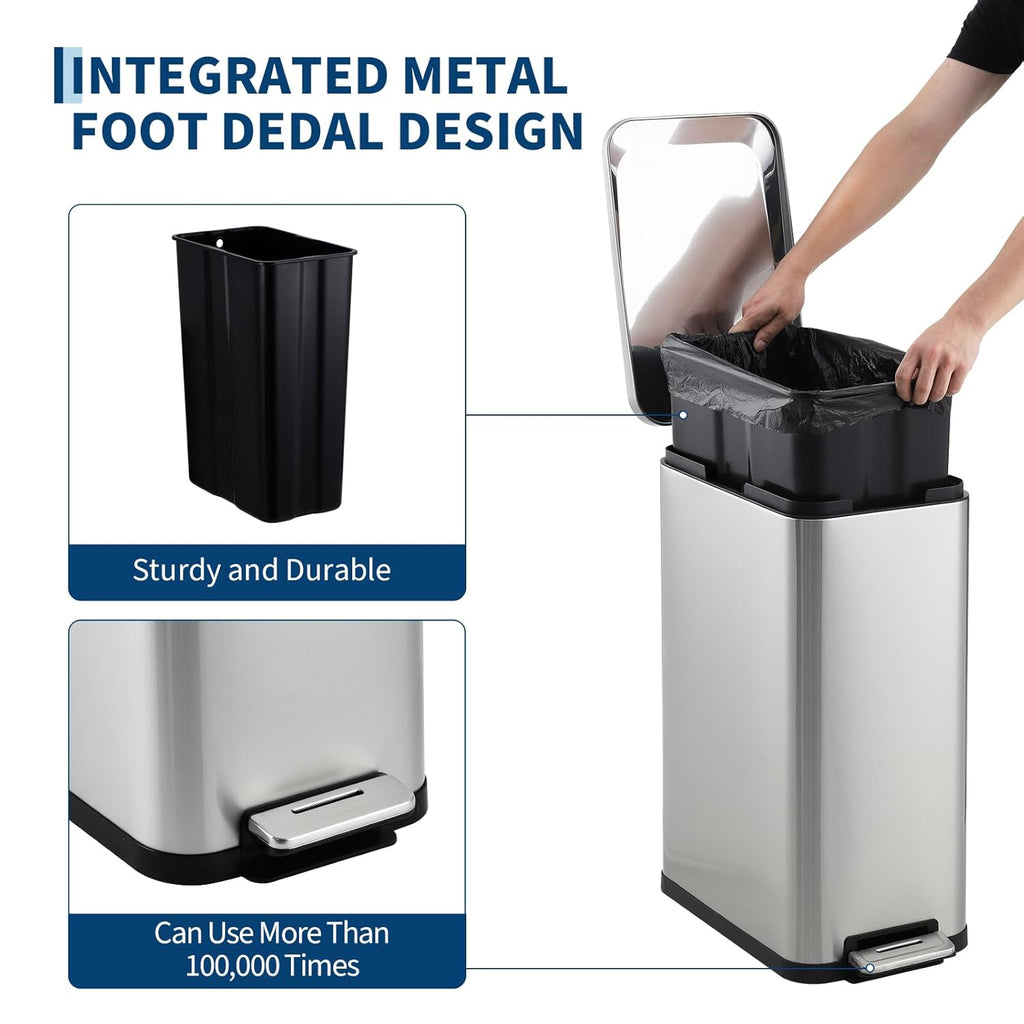 Garvee 13 Gallon Kitchen Trash Can, Stainless Steel Step Garbage Bin with Soft-Close Lid & Removable Bucket, Fingerprint Proof, Slim for Narrow Spaces, Bathroom or Office