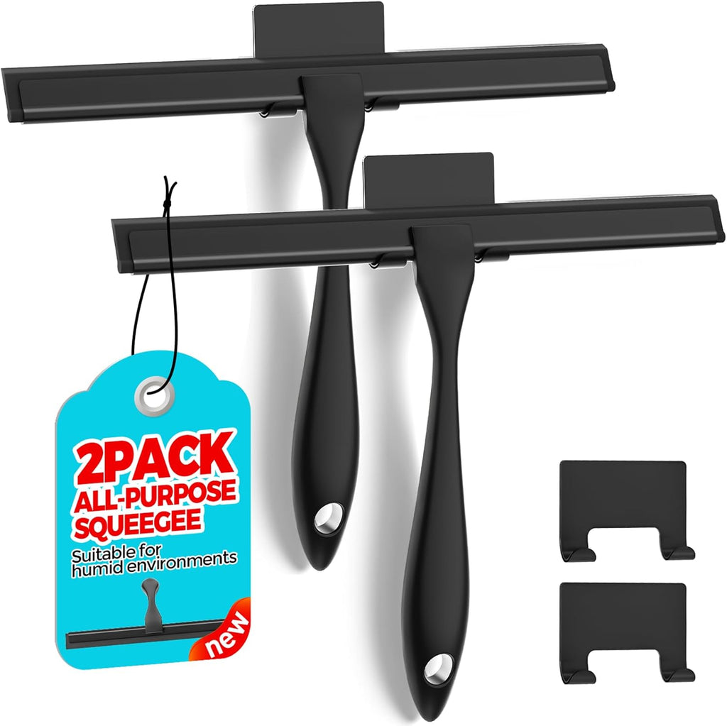 2PACK All-Purpose Shower Squeegee for Shower Doors, Tile Shower Walls, Bathroom, Window, Glass and Car Windshield, Mirrors and Kitchen-Stainless Steel, 10 Inches, Black