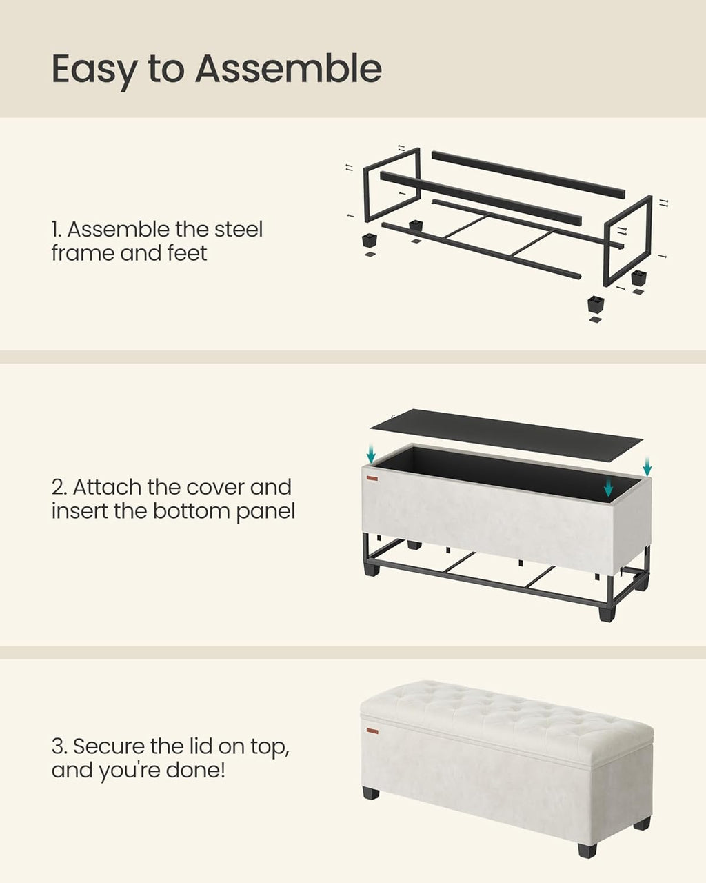 SONGMICS Velvet Storage Ottoman Bench, Foot Rest with Legs, 15.7 x 43 x 15.7 Inches, End of Bed Bench, Storage Chest, Load up to 660 lb, for Living Room, Bedroom, Entryway, Cream White ULSF089W01