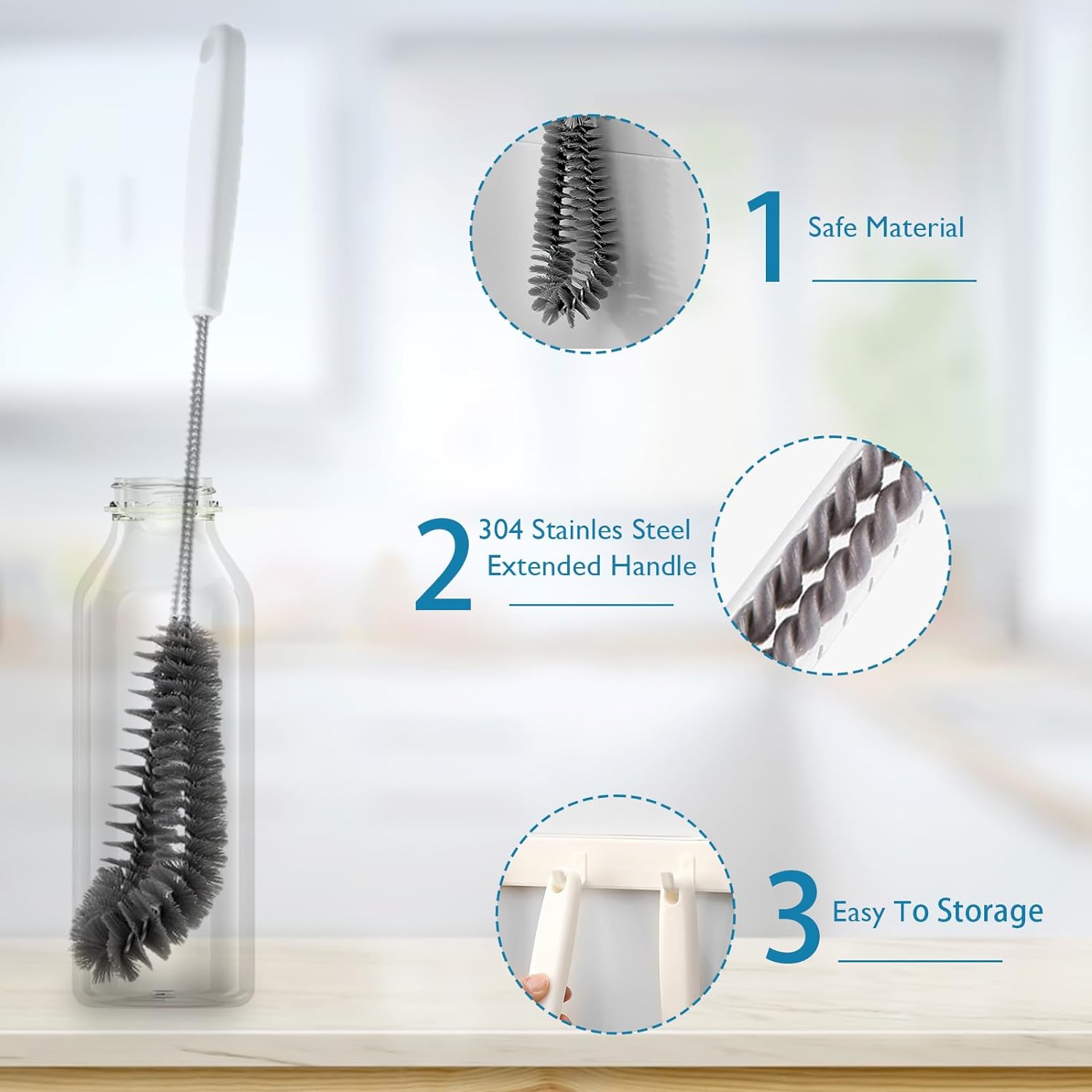 16 inches Long Handle Black Bottle Cleaning Brushes - Perfect for Baby Bottles, Sports Bottles, Glassware, Mugs, Jars, and Stemware (2-pc)