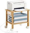 Lerliuo Under Desk Printer Stand with Charging Station, 2 Tier Wooden Small Printer Table with Storage, Rolling Printer Cart Shelf with Lockable Wheels for Home, Office (Natural)