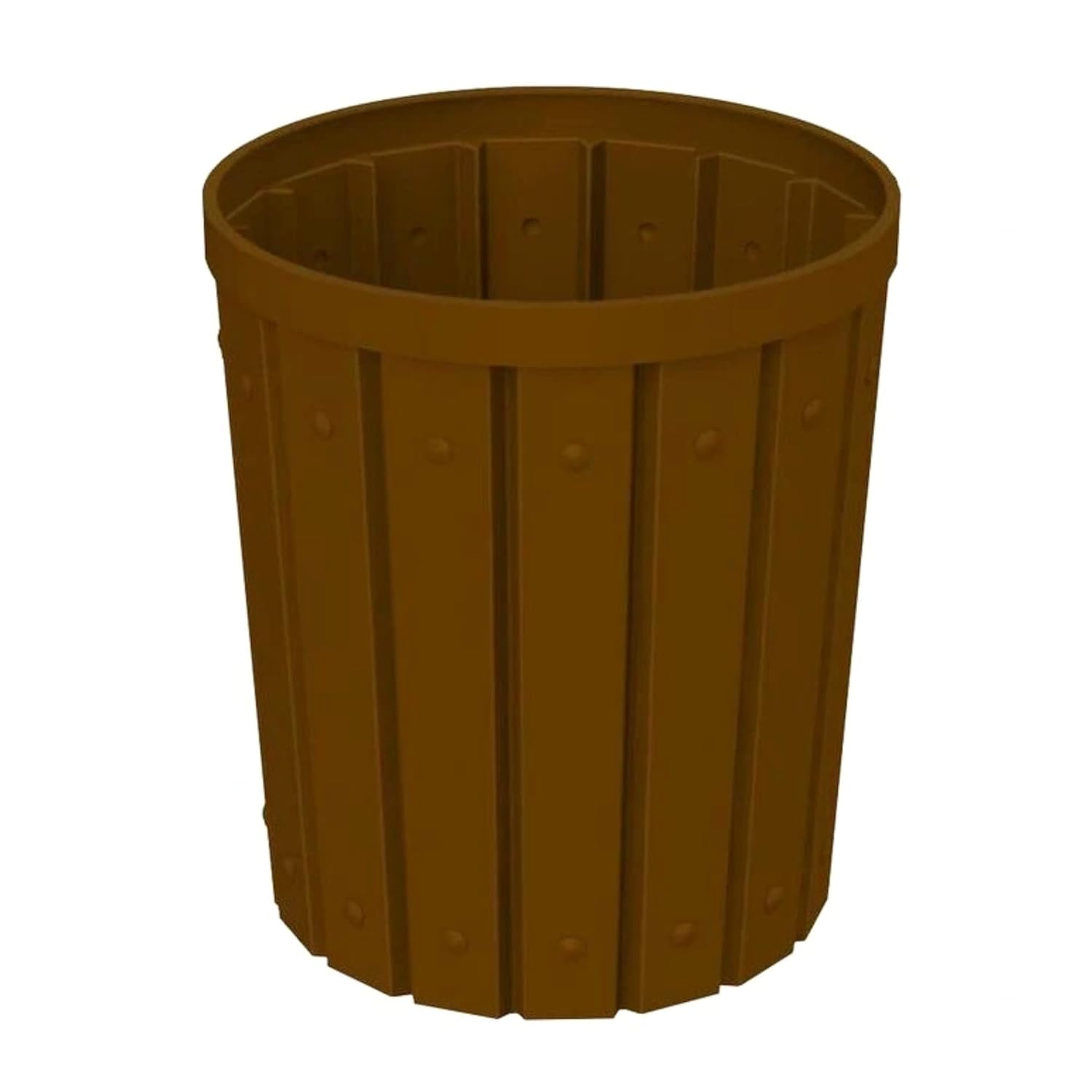 42 Gallon Slated Circle 100% Recycled Plastic Heavy Duty Outdoor Trash Can with Push Open Dome Lid and Internal Liner - Great for Schools and Businesses - Brown