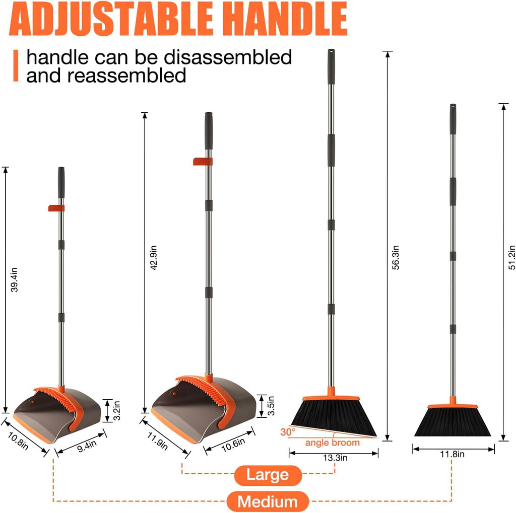 Broom and Dustpan Set, Upgraded Broom with Dustpan Combo Set with 56" Tall Adjustable Handle, Self-Cleaning Teeth, Upright Standing Dust Pan for Heavy Duty Indoor Outdoor Cleaning and Pet Hair