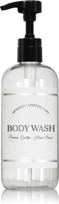 Refillable Clear PET Plastic 16 oz Body Wash Bottle with High Output Black Plastic Pump Dispenser - Chrome Accent Waterproof Labeled Bottle