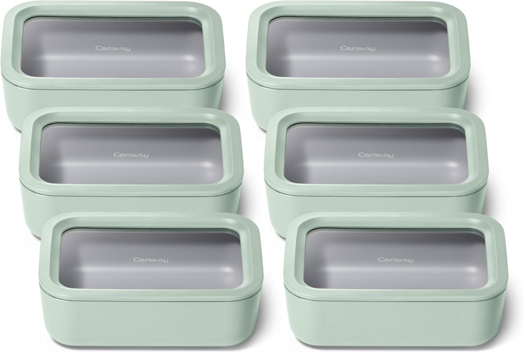 Caraway 6pc Glass Food Storage Set – 6.6 Cup Food Containers (6) - Ceramic Coated - Non Toxic, Non Stick with Lids - Microwave Safe - Mist