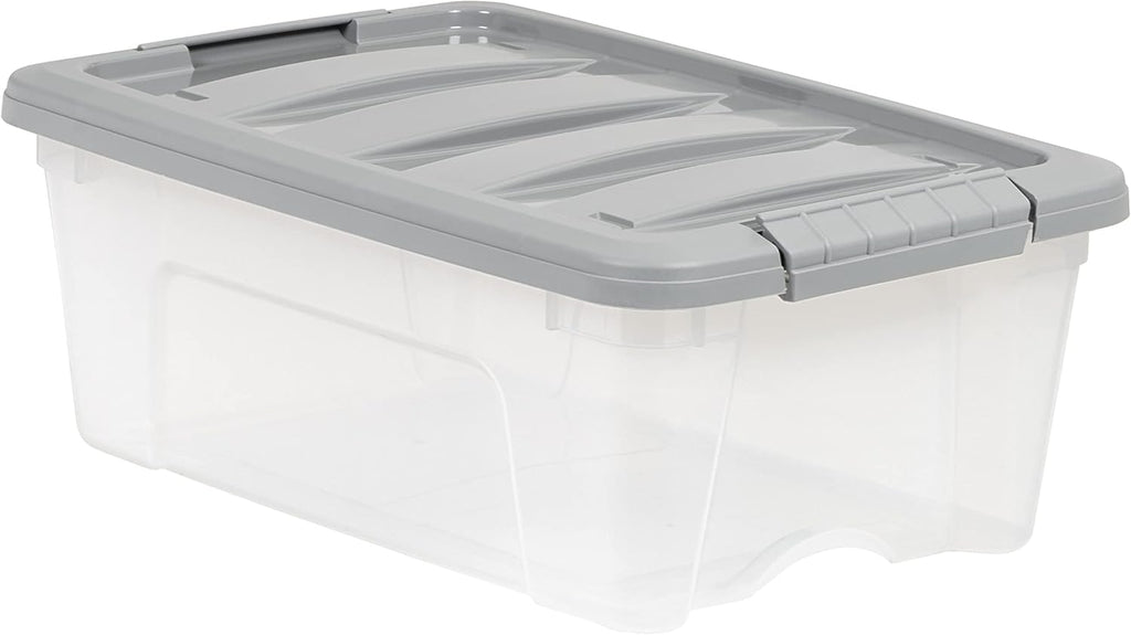 Amazon Basics Plastic Storage Containers with Secure Latching Lids, Stackable Organization Bins, Clear/Grey, 12 Quart, Set of 6
