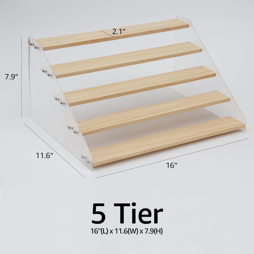 nianfeng Tiered Spice Rack, 5-Tier Spice Pantry Kitchen Cabinet Organizer, 16-Inch, Natural Wood Acrylic Stair Riser Stand, Countertop Seasoning Shelf