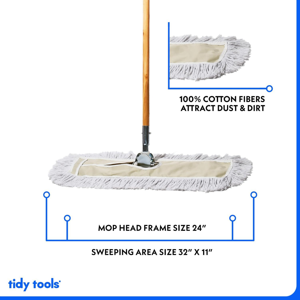 Commercial Dust Mop & Floor Sweeper, 24 in. Dust Mop for Hardwood Floors, Cotton Mop Head, Wooden Broom Handle, Industrial Dry Mop for Floor Cleaning & Janitorial Supplies