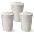 Plexon Round Trash Can 13 Gallon, Vintage Metal Outdoor Trash Can with Lid, Retro Farmhouse Garbage Container, Old School Modern Ash Bucket, Beige 3 Pack