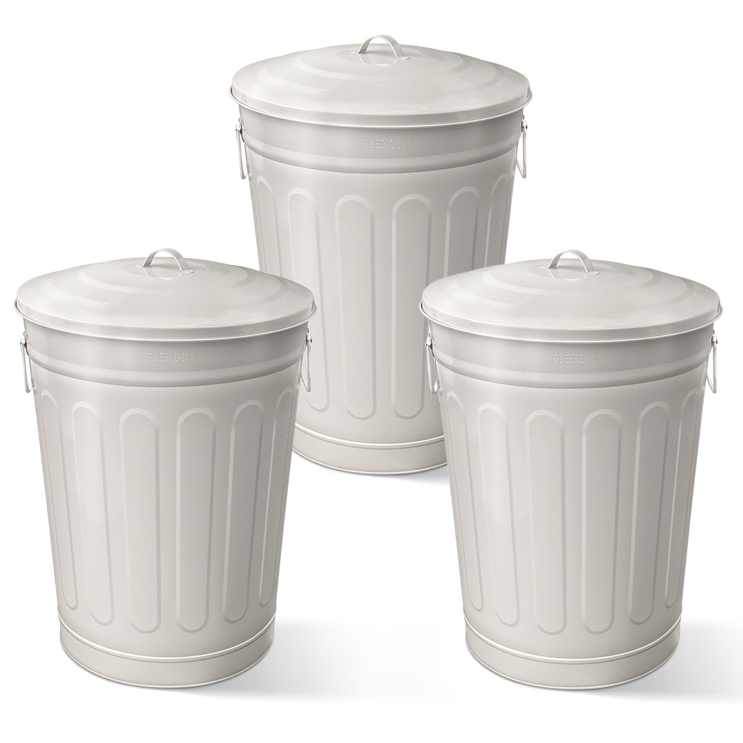 Plexon Round Trash Can 13 Gallon, Vintage Metal Outdoor Trash Can with Lid, Retro Farmhouse Garbage Container, Old School Modern Ash Bucket, Beige 3 Pack