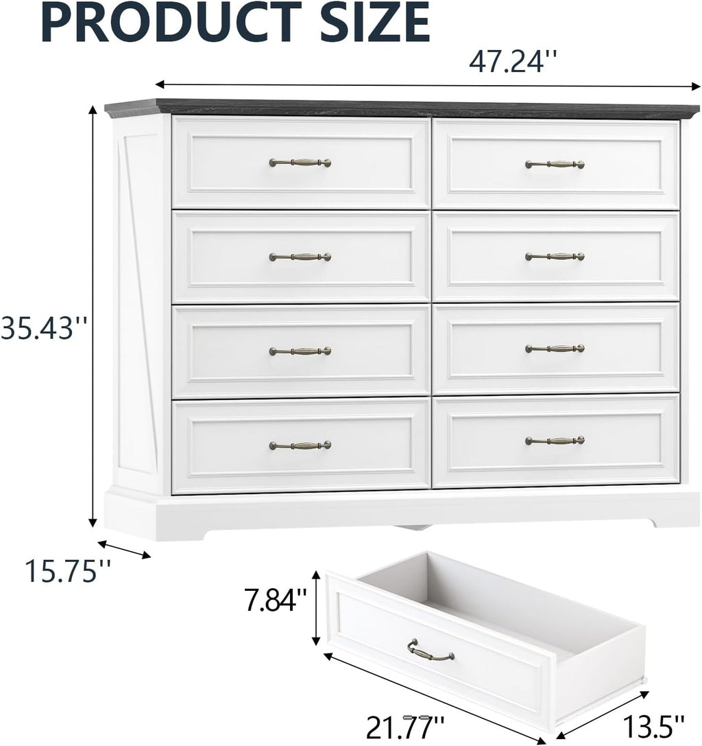 8 Drawer Dresser for Bedroom, 47" Wide Wooden Chest of Drawers, Rustic Farmhouse Dresser with Large Drawers & Metal Handles, Modern Storage Organizer for Closet, Living Room, Hallway, White